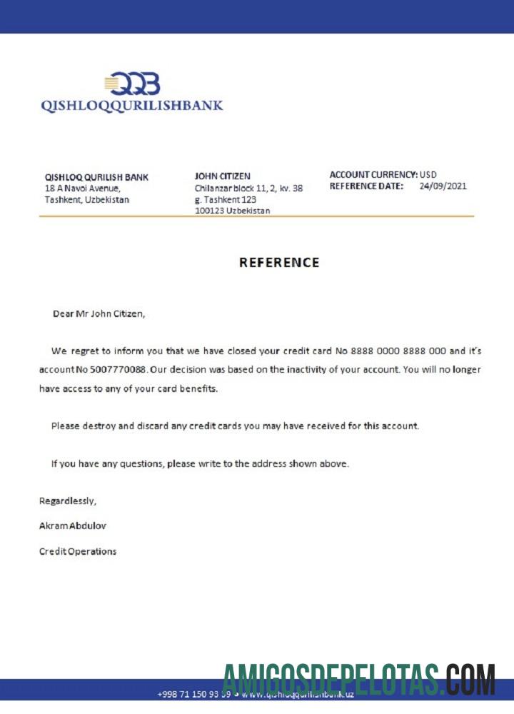 Referência de fechamento do banco de construção rural do Uzbequistão modelo